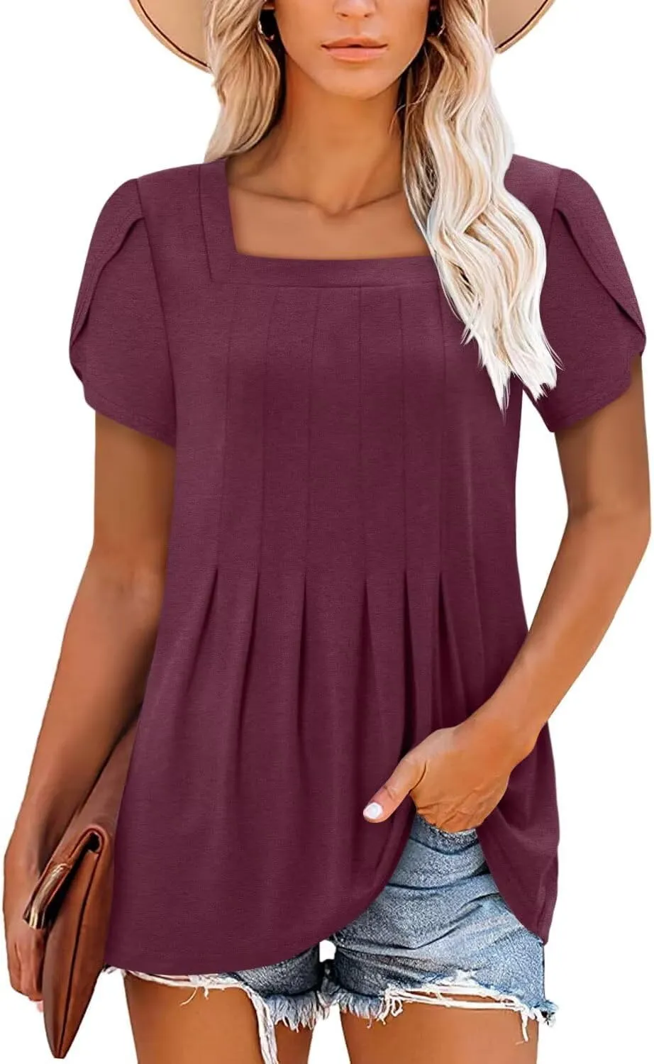 Magritta Womens Casual Tops Square Neck Short Sleeve Flowy Hem Boho Shirts Summer Fashion Pleat Tunic Blouses S-3XL