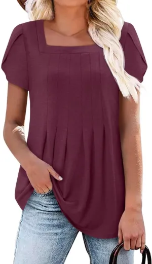 Magritta Womens Casual Tops Square Neck Short Sleeve Flowy Hem Boho Shirts Summer Fashion Pleat Tunic Blouses S-3XL