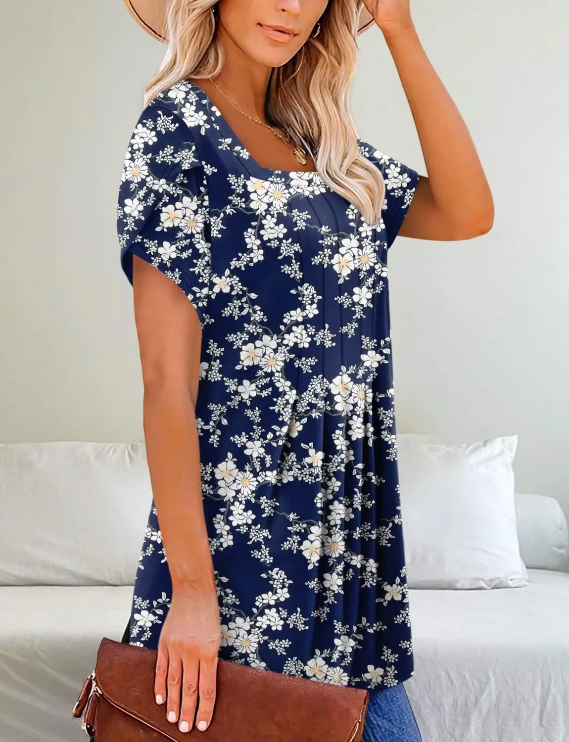 Magritta Womens Casual Tops Square Neck Short Sleeve Flowy Hem Boho Shirts Summer Fashion Pleat Tunic Blouses S-3XL