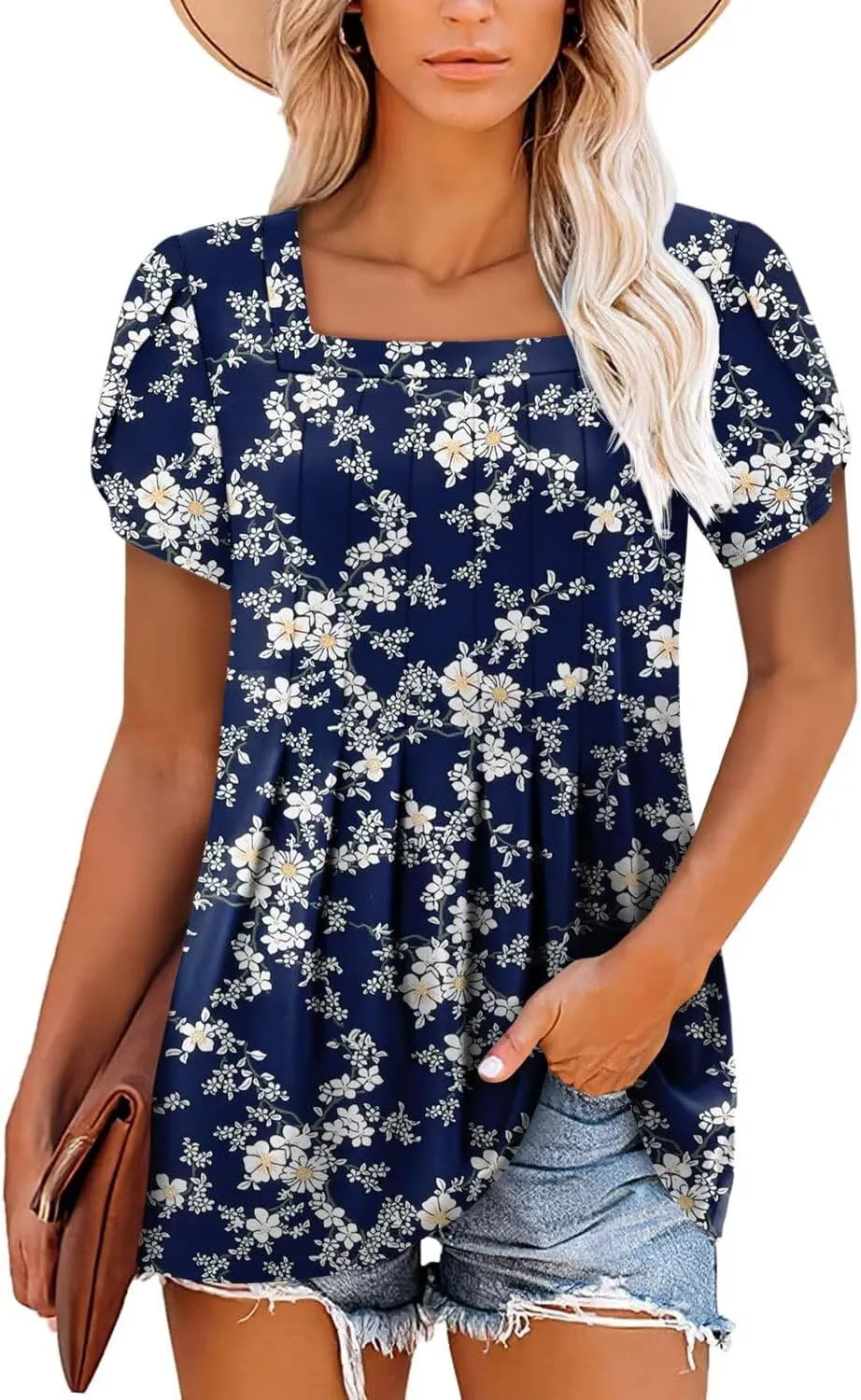 Magritta Womens Casual Tops Square Neck Short Sleeve Flowy Hem Boho Shirts Summer Fashion Pleat Tunic Blouses S-3XL