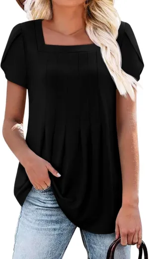 Magritta Womens Casual Tops Square Neck Short Sleeve Flowy Hem Boho Shirts Summer Fashion Pleat Tunic Blouses S-3XL