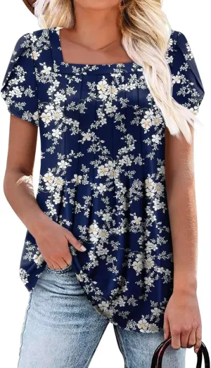 Magritta Womens Casual Tops Square Neck Short Sleeve Flowy Hem Boho Shirts Summer Fashion Pleat Tunic Blouses S-3XL