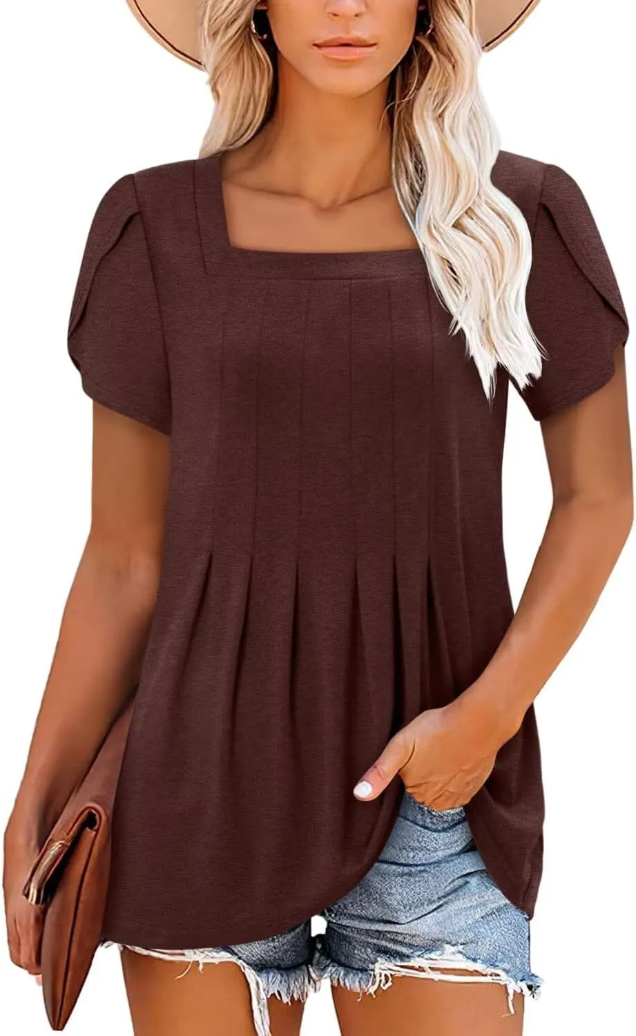 Magritta Womens Casual Tops Square Neck Short Sleeve Flowy Hem Boho Shirts Summer Fashion Pleat Tunic Blouses S-3XL