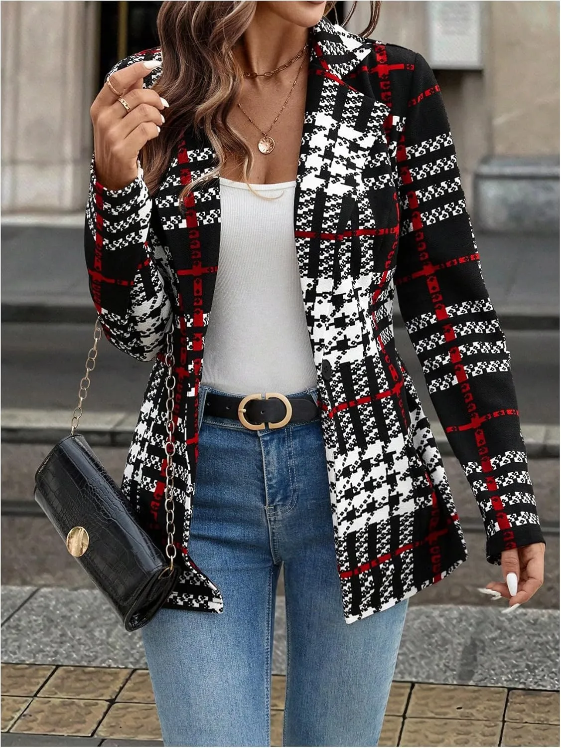 MakeMeChic Women's Houndstooth Blazer Jacket Button Down Long Sleeve Work Casual Blazer
