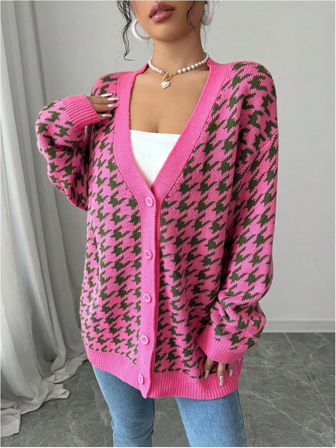MakeMeChic Women's Houndstooth Plaid V Neck Cardigan Sweater Long Sleeve Knit Cardigans