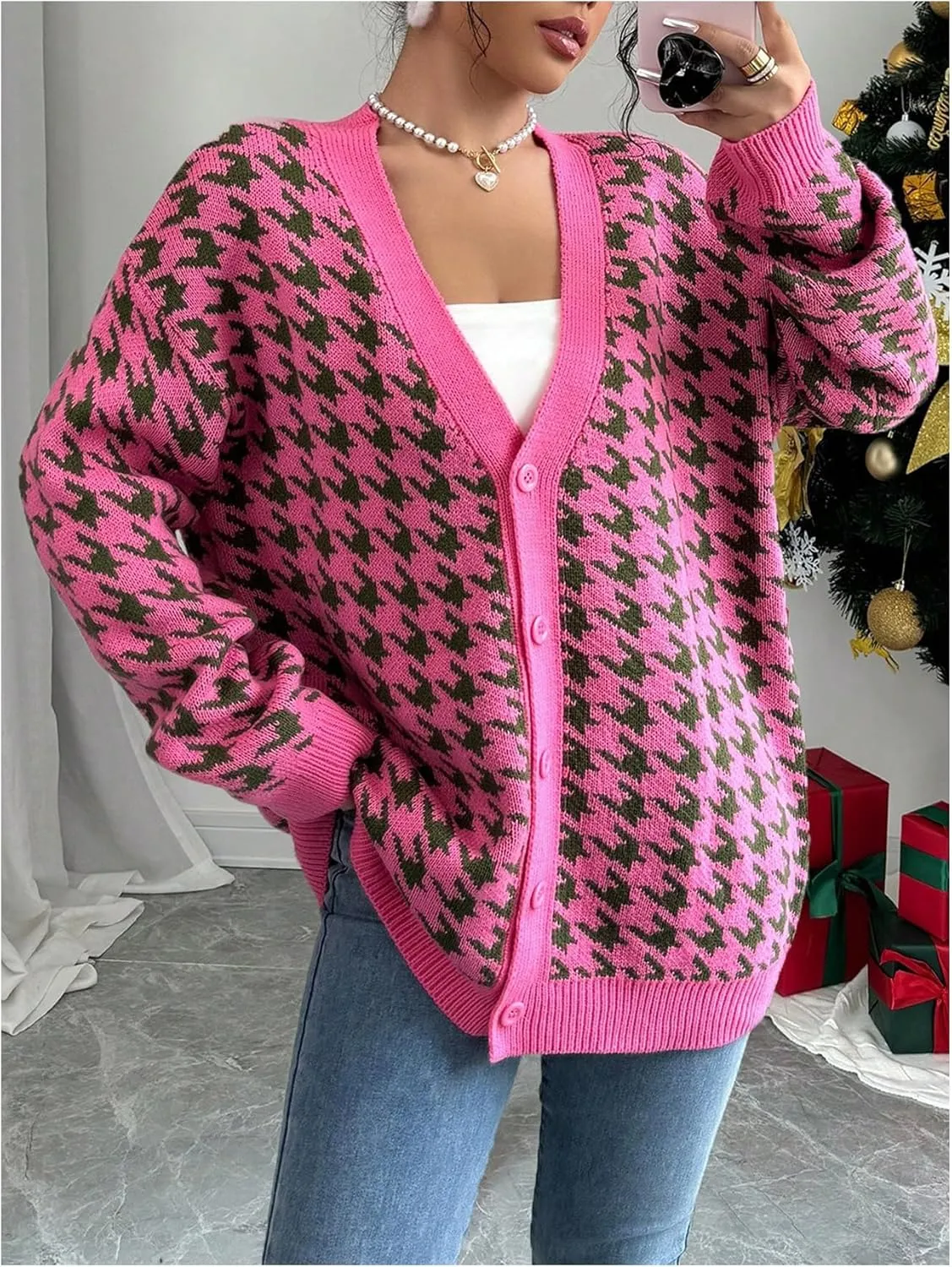 MakeMeChic Women's Houndstooth Plaid V Neck Cardigan Sweater Long Sleeve Knit Cardigans