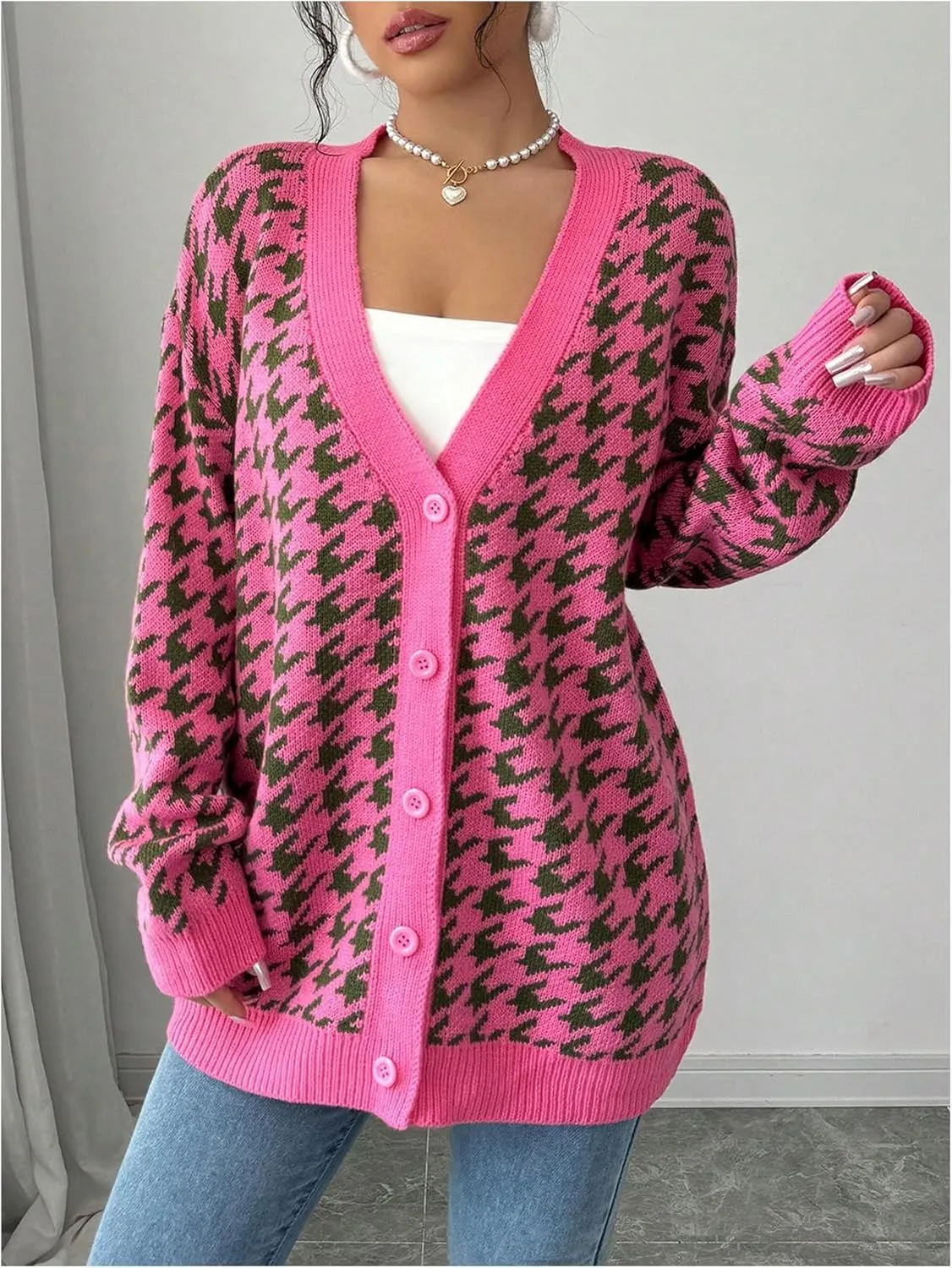 MakeMeChic Women's Houndstooth Plaid V Neck Cardigan Sweater Long Sleeve Knit Cardigans