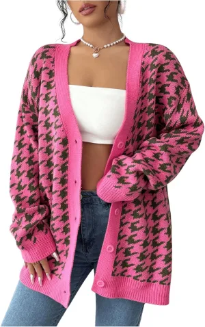 MakeMeChic Women's Houndstooth Plaid V Neck Cardigan Sweater Long Sleeve Knit Cardigans