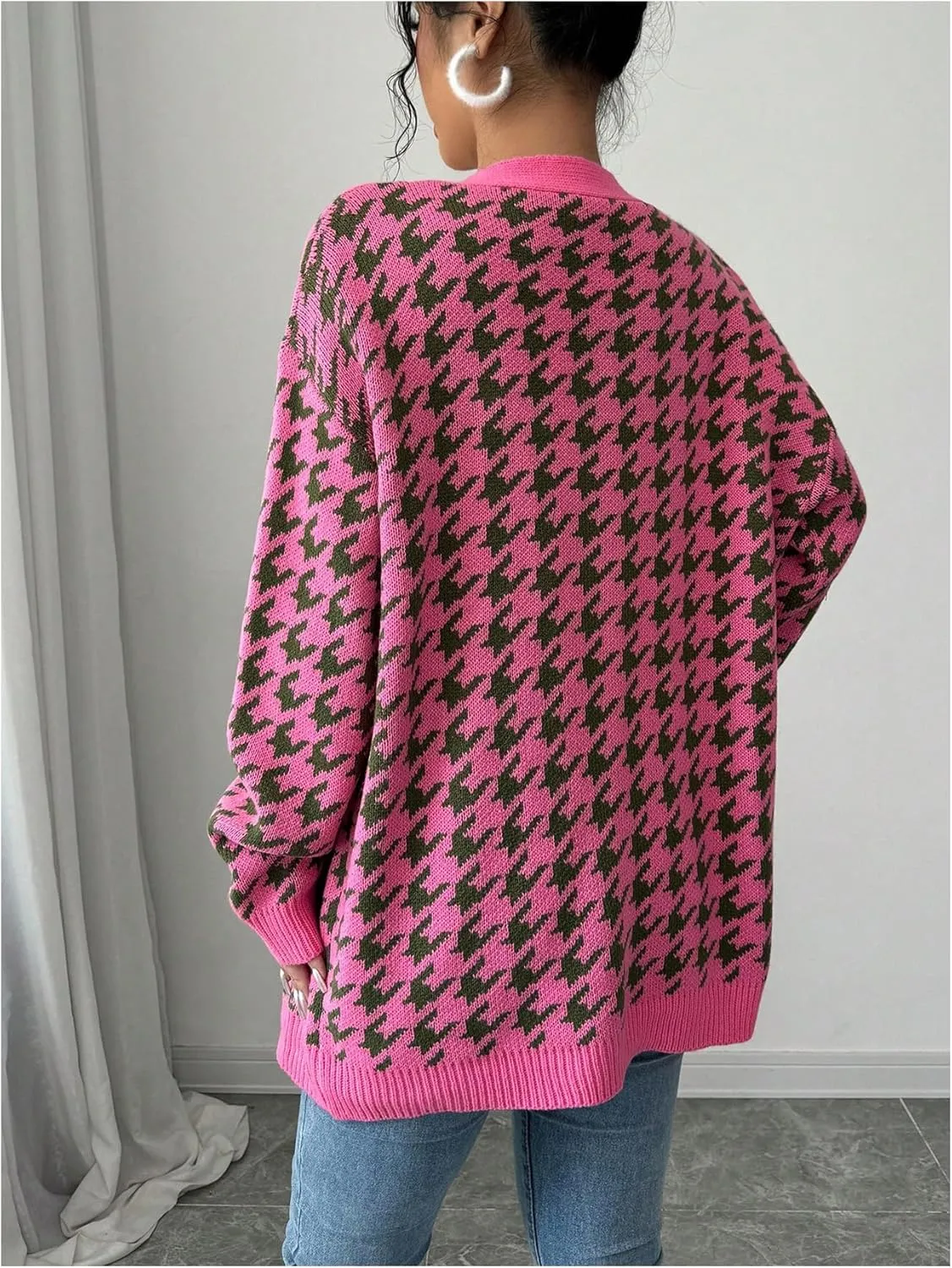 MakeMeChic Women's Houndstooth Plaid V Neck Cardigan Sweater Long Sleeve Knit Cardigans