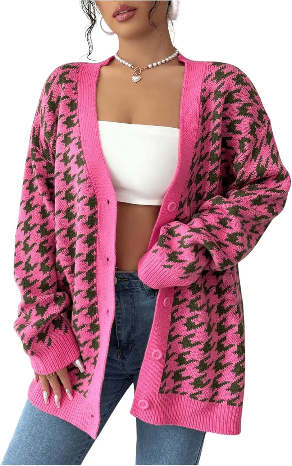 MakeMeChic Women's Houndstooth Plaid V Neck Cardigan Sweater Long Sleeve Knit Cardigans