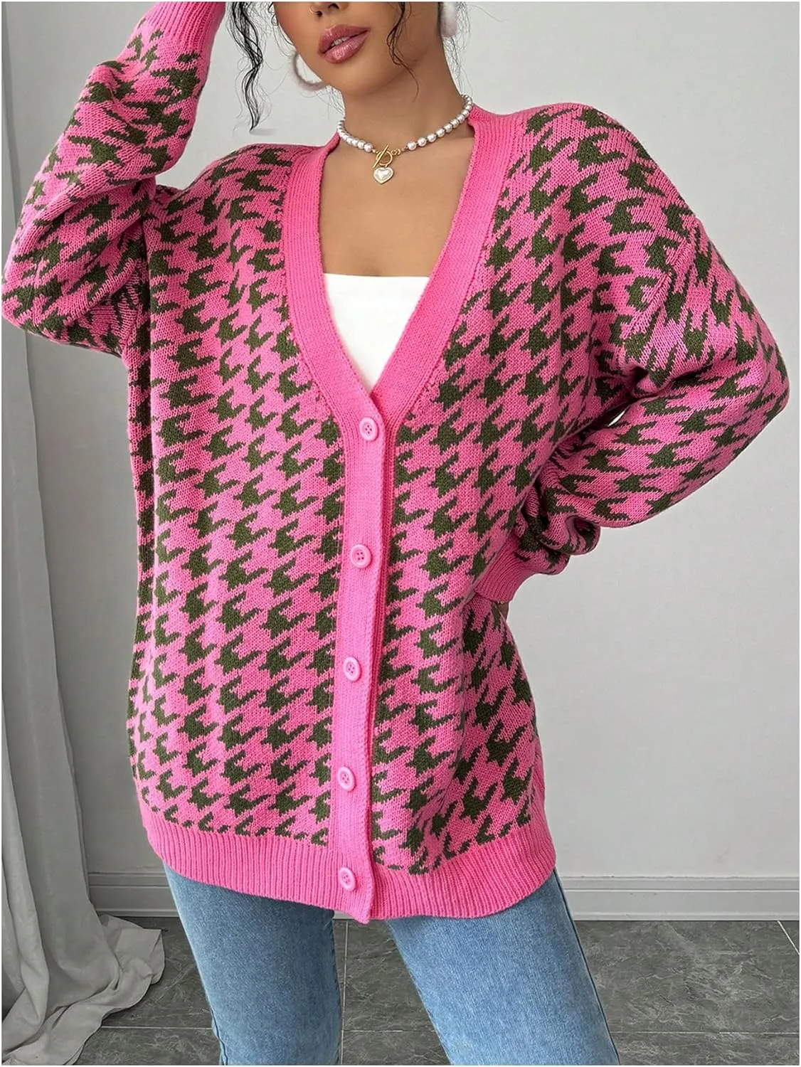 MakeMeChic Women's Houndstooth Plaid V Neck Cardigan Sweater Long Sleeve Knit Cardigans