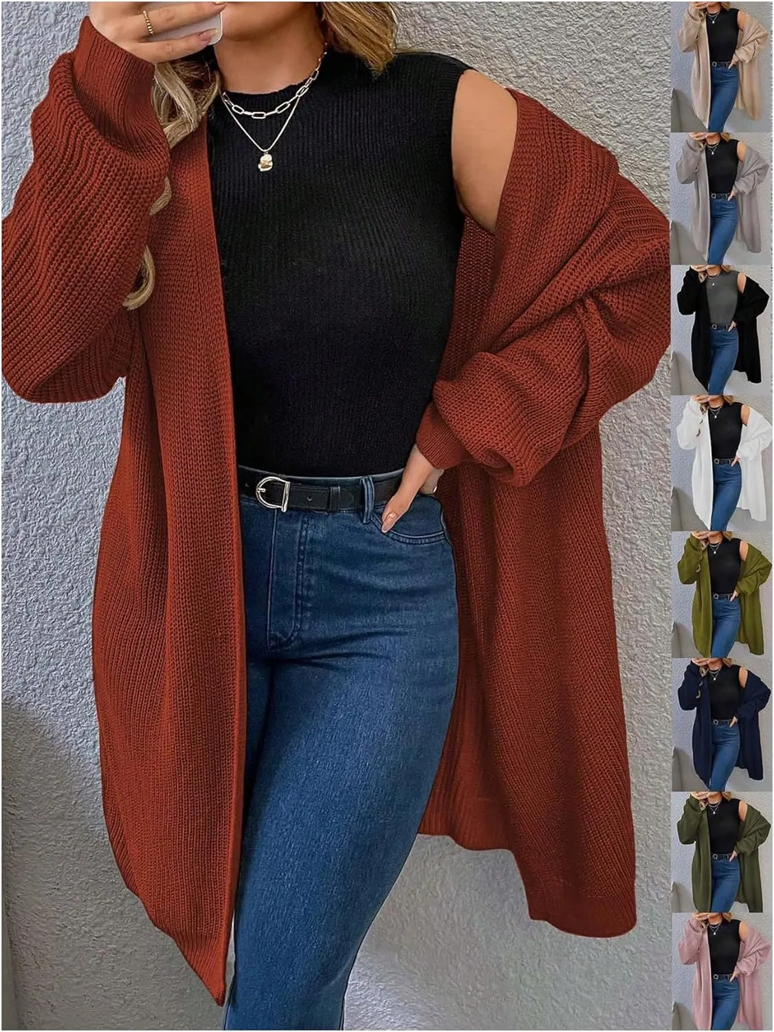 MakeMeChic Women's Plus Size Cardigan Long Sleeve Open Front Duster Cardigans Casual Knitted Sweater