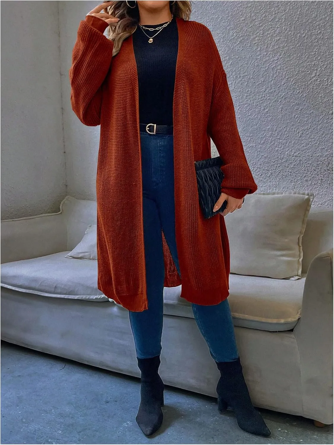 MakeMeChic Women's Plus Size Cardigan Long Sleeve Open Front Duster Cardigans Casual Knitted Sweater