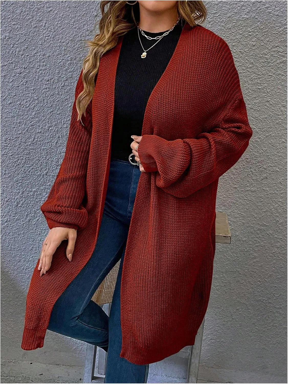 MakeMeChic Women's Plus Size Cardigan Long Sleeve Open Front Duster Cardigans Casual Knitted Sweater