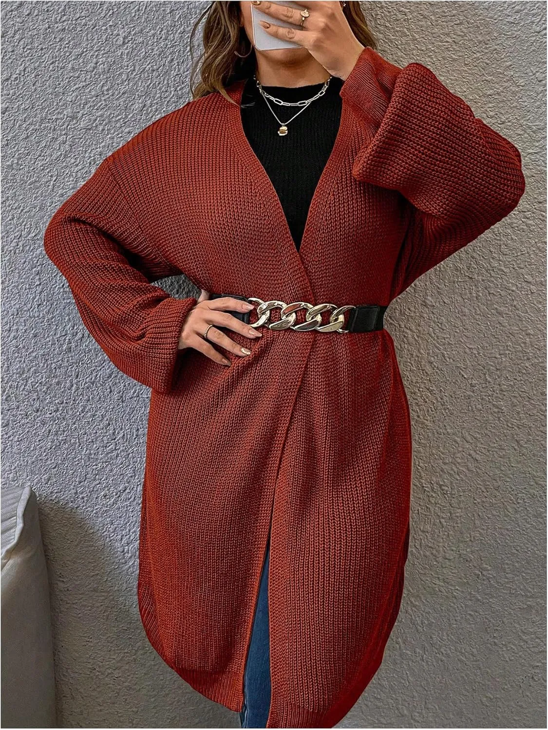 MakeMeChic Women's Plus Size Cardigan Long Sleeve Open Front Duster Cardigans Casual Knitted Sweater