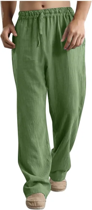 Men's Cotton Pants Lightweight Solid Color Pants Drawstring Elastic Waist Wide Leg Trouser Leisure and Daily Wear