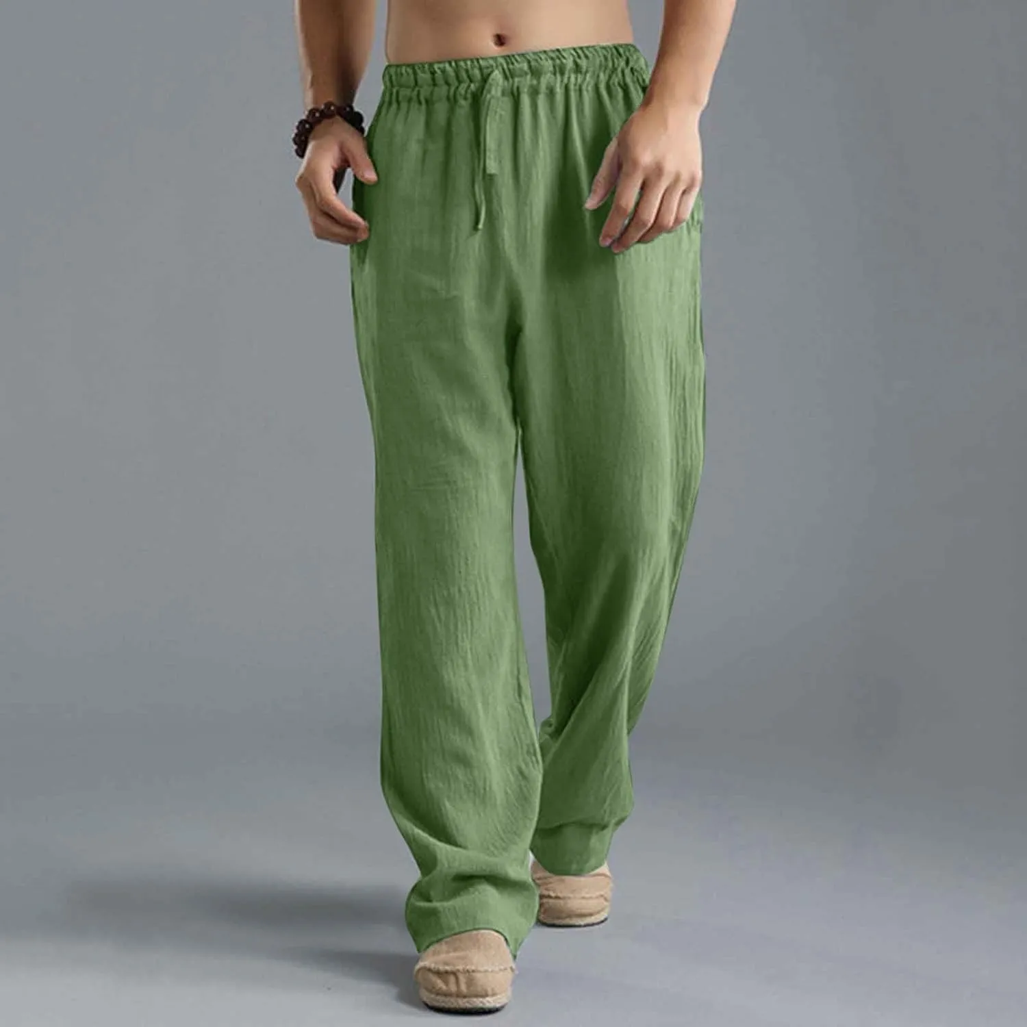 Men's Cotton Pants Lightweight Solid Color Pants Drawstring Elastic Waist Wide Leg Trouser Leisure and Daily Wear