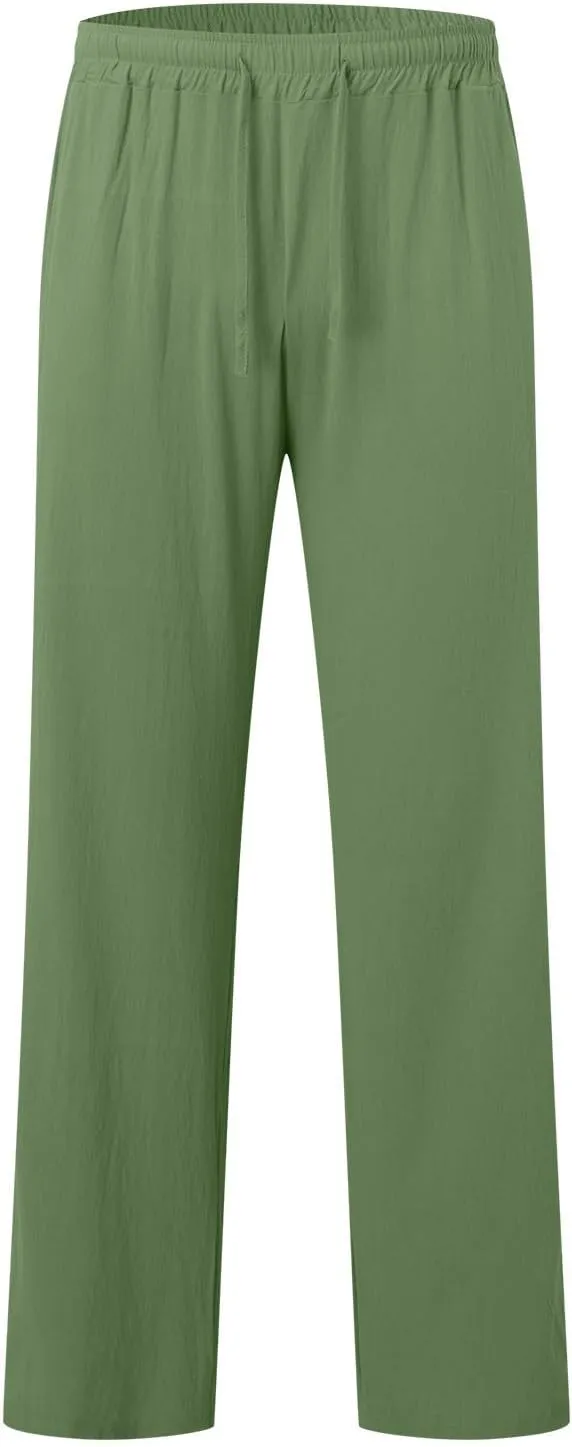 Men's Cotton Pants Lightweight Solid Color Pants Drawstring Elastic Waist Wide Leg Trouser Leisure and Daily Wear