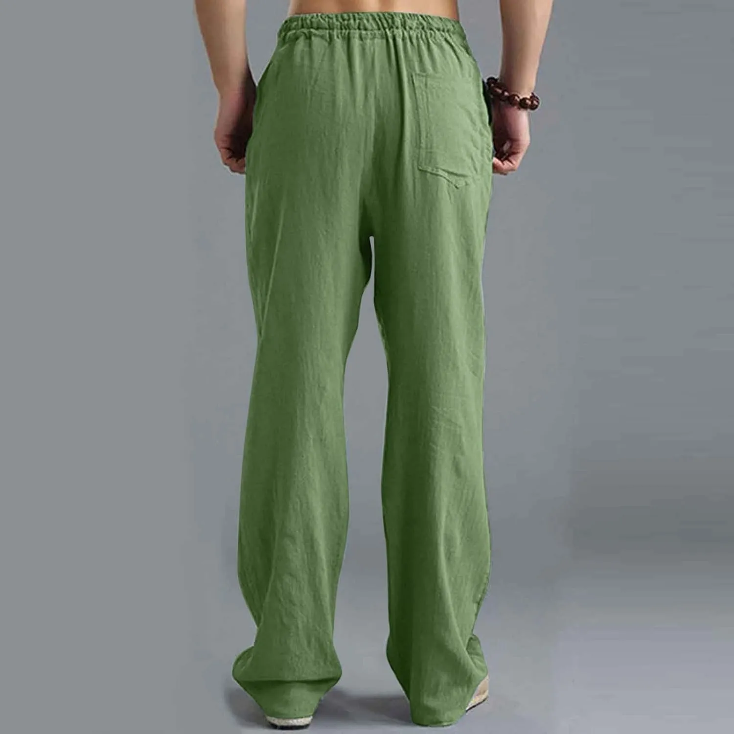 Men's Cotton Pants Lightweight Solid Color Pants Drawstring Elastic Waist Wide Leg Trouser Leisure and Daily Wear