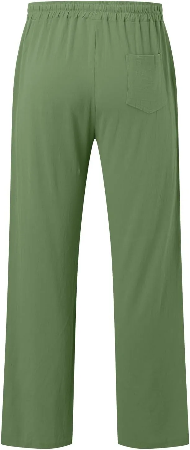 Men's Cotton Pants Lightweight Solid Color Pants Drawstring Elastic Waist Wide Leg Trouser Leisure and Daily Wear