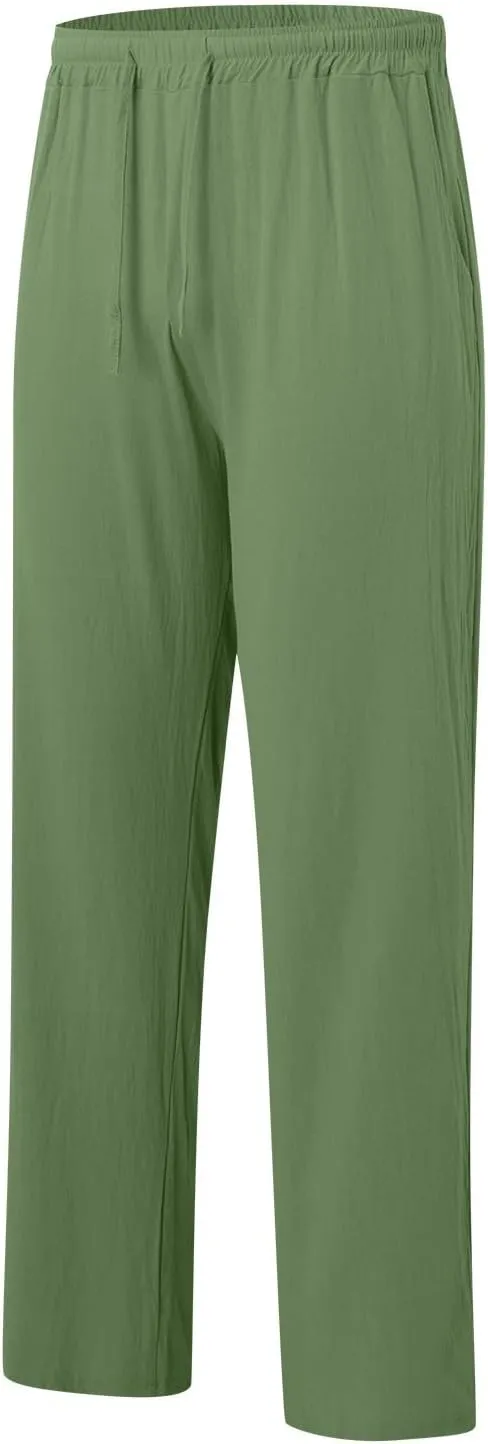 Men's Cotton Pants Lightweight Solid Color Pants Drawstring Elastic Waist Wide Leg Trouser Leisure and Daily Wear