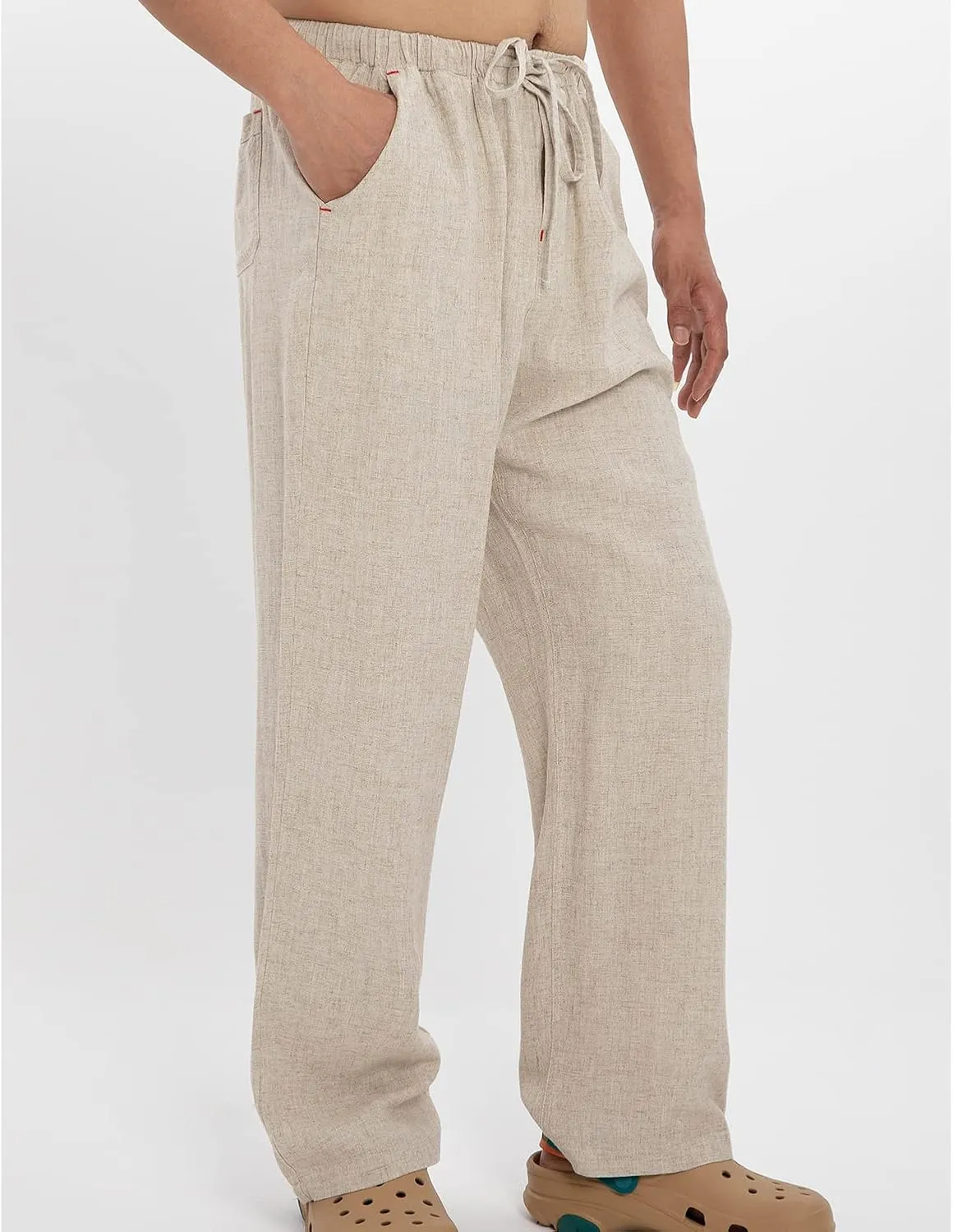 Men's Drawstring Loose Linen Beach Pants Lightweight Elastic Waist Yoga Lounge Cotton Trousers Pajamas