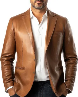 Men's Premium Full-Grain Leather Blazer - Classic Tailored Fit, Elegant Tan Brown, with Notched Lapel (US, Alpha, Medium, Regular, Regular, Tan Brown)