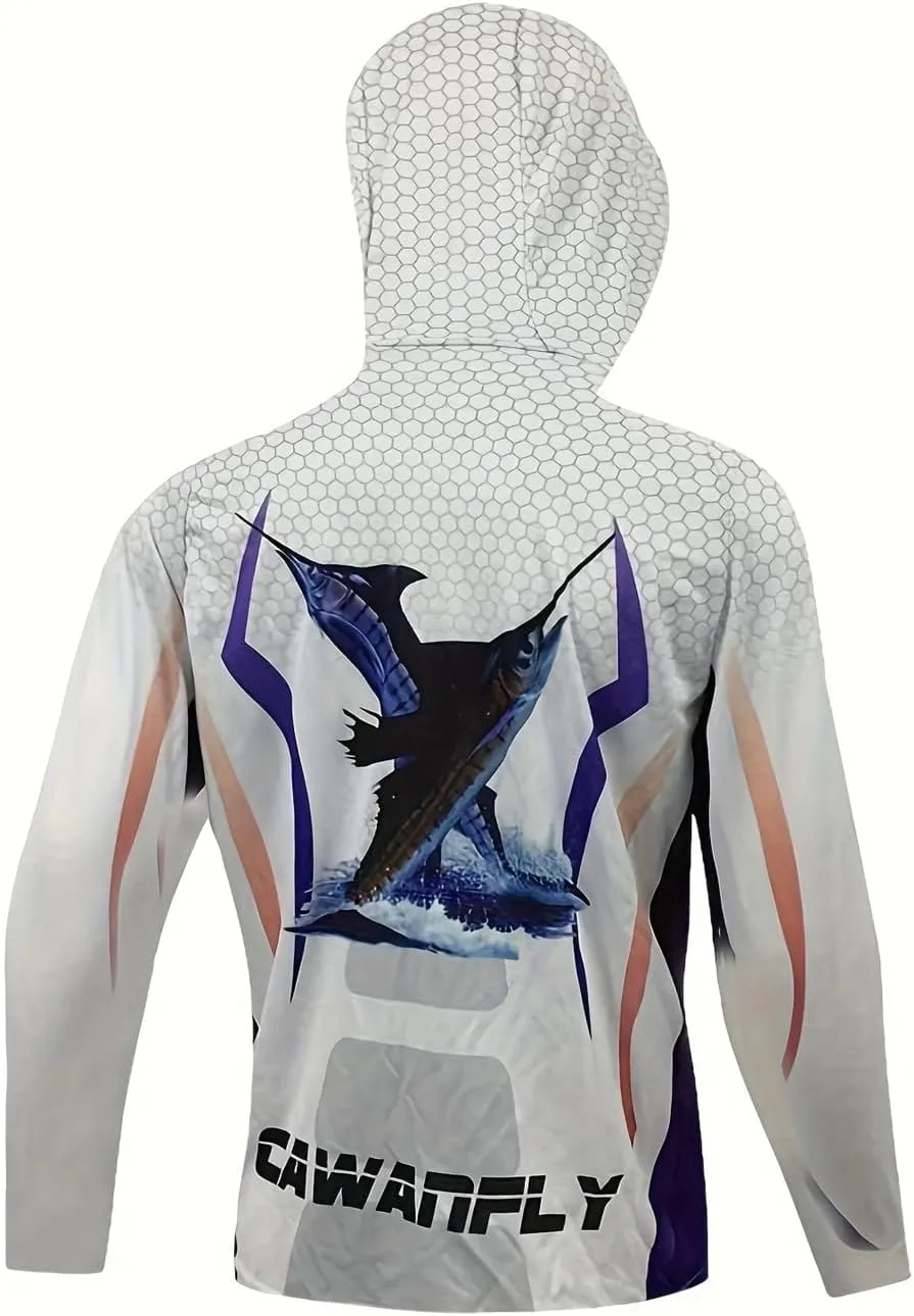 Men's Sport Sun Protection Cooling Fashion Shirt Quick Dry Full Zip Hooded Fish Printed Clothes for Men Hiking Fishing