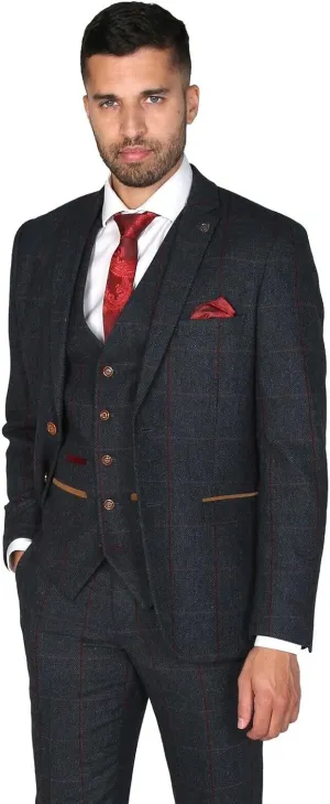 Mens Tweed Herringbone Navy Blue Sold Separately Suit - Wedding Business Tailored Fit 3 Piece Set