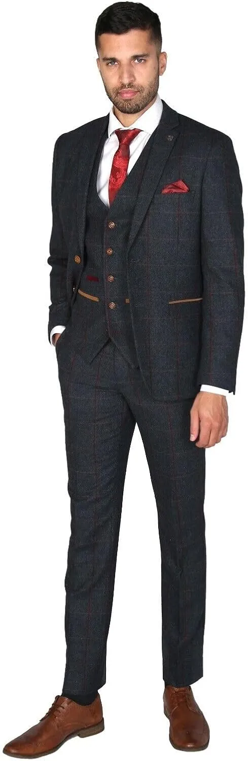Mens Tweed Herringbone Navy Blue Sold Separately Suit - Wedding Business Tailored Fit 3 Piece Set