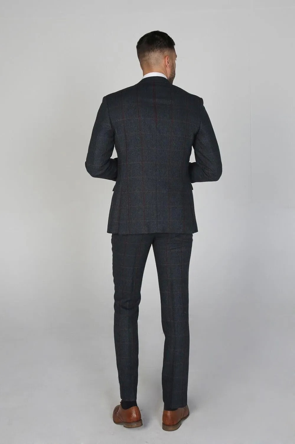 Mens Tweed Herringbone Navy Blue Sold Separately Suit - Wedding Business Tailored Fit 3 Piece Set