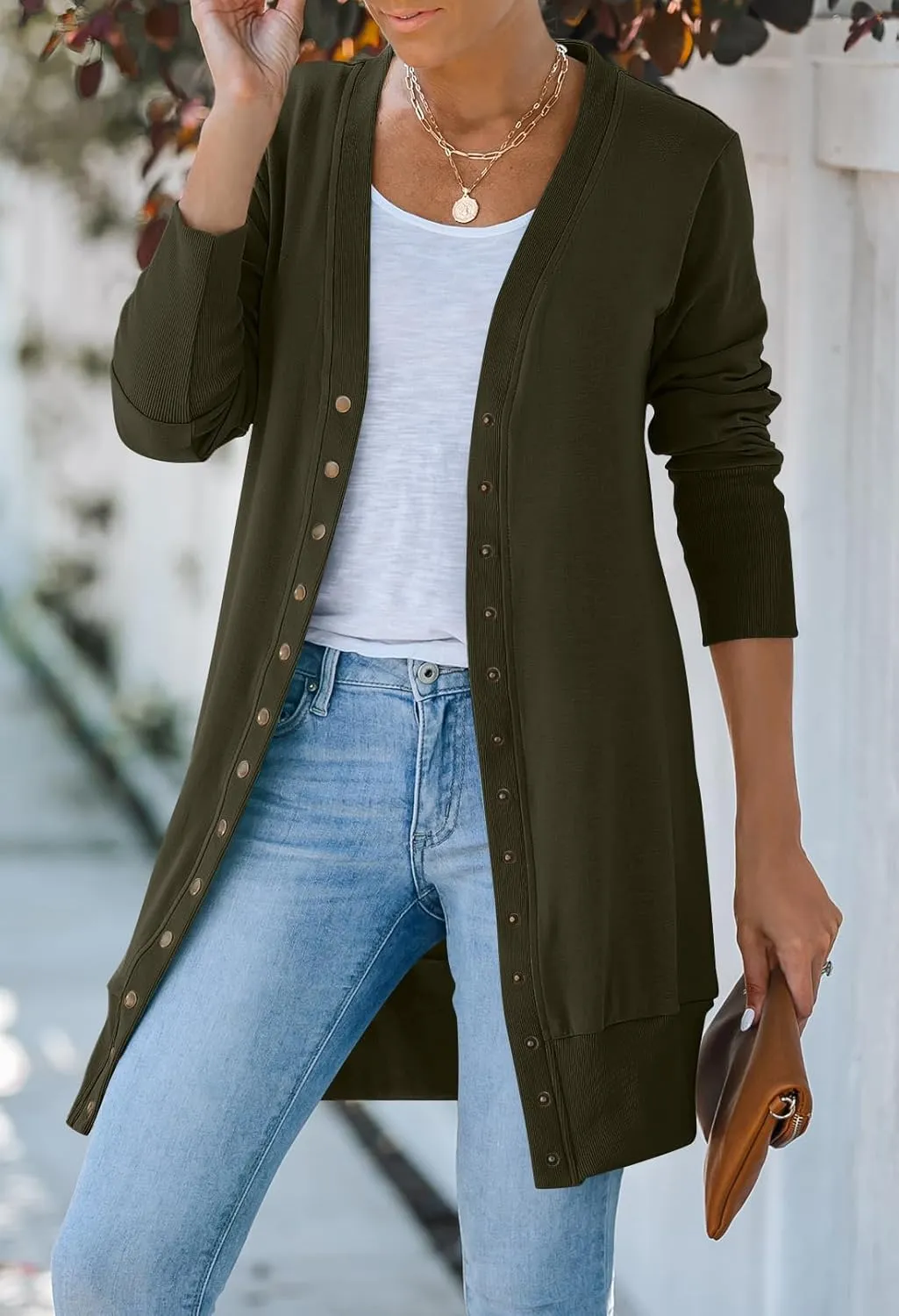 MEROKEETY Women's 2025 Fall Long Sleeve Snap Button Down Solid Color Knit Ribbed Neckline Cardigans