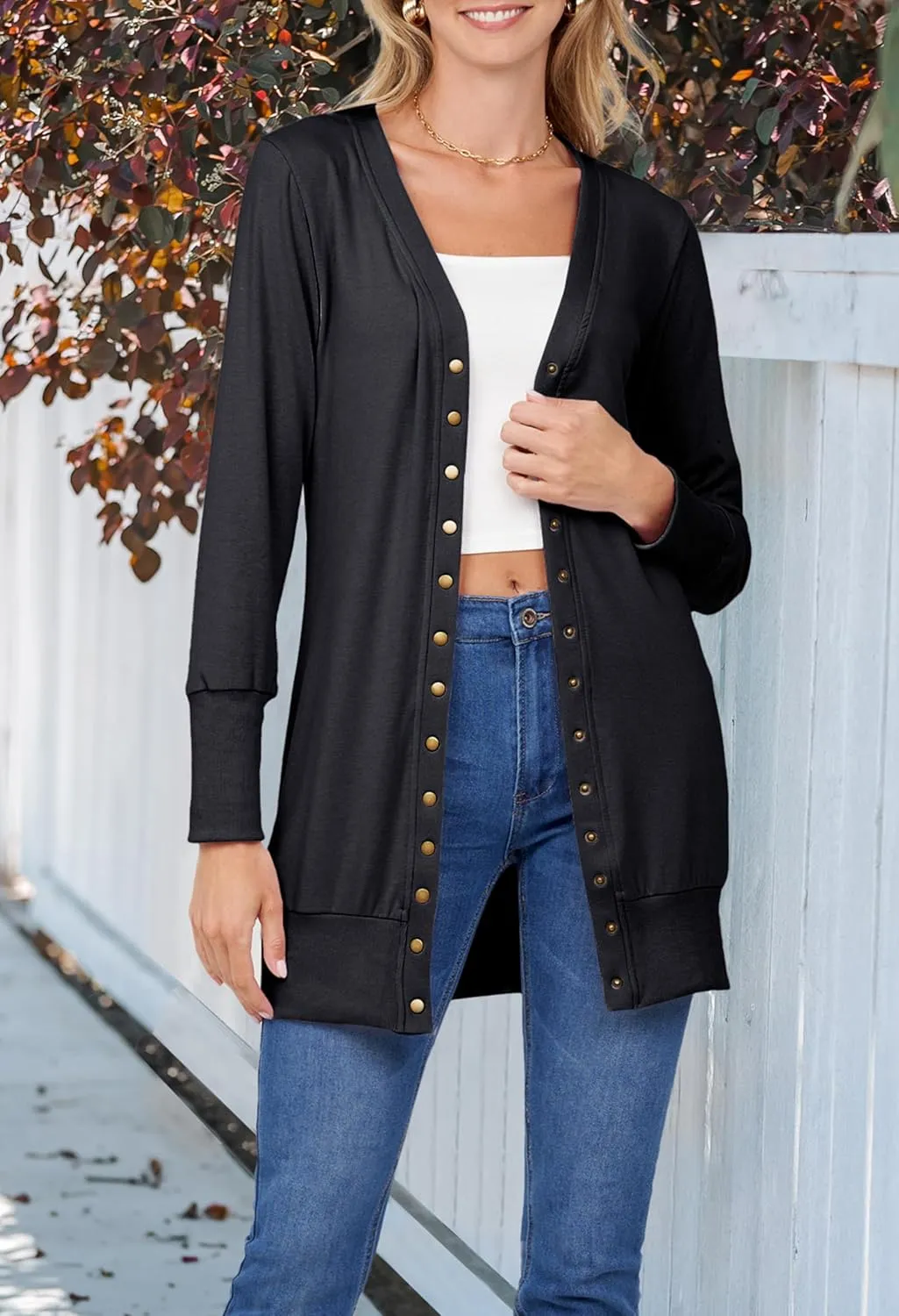 MEROKEETY Women's 2025 Fall Long Sleeve Snap Button Down Solid Color Knit Ribbed Neckline Cardigans