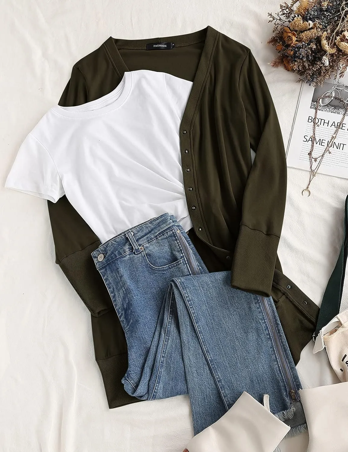 MEROKEETY Women's 2025 Fall Long Sleeve Snap Button Down Solid Color Knit Ribbed Neckline Cardigans