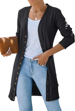 MEROKEETY Women's 2025 Fall Long Sleeve Snap Button Down Solid Color Knit Ribbed Neckline Cardigans