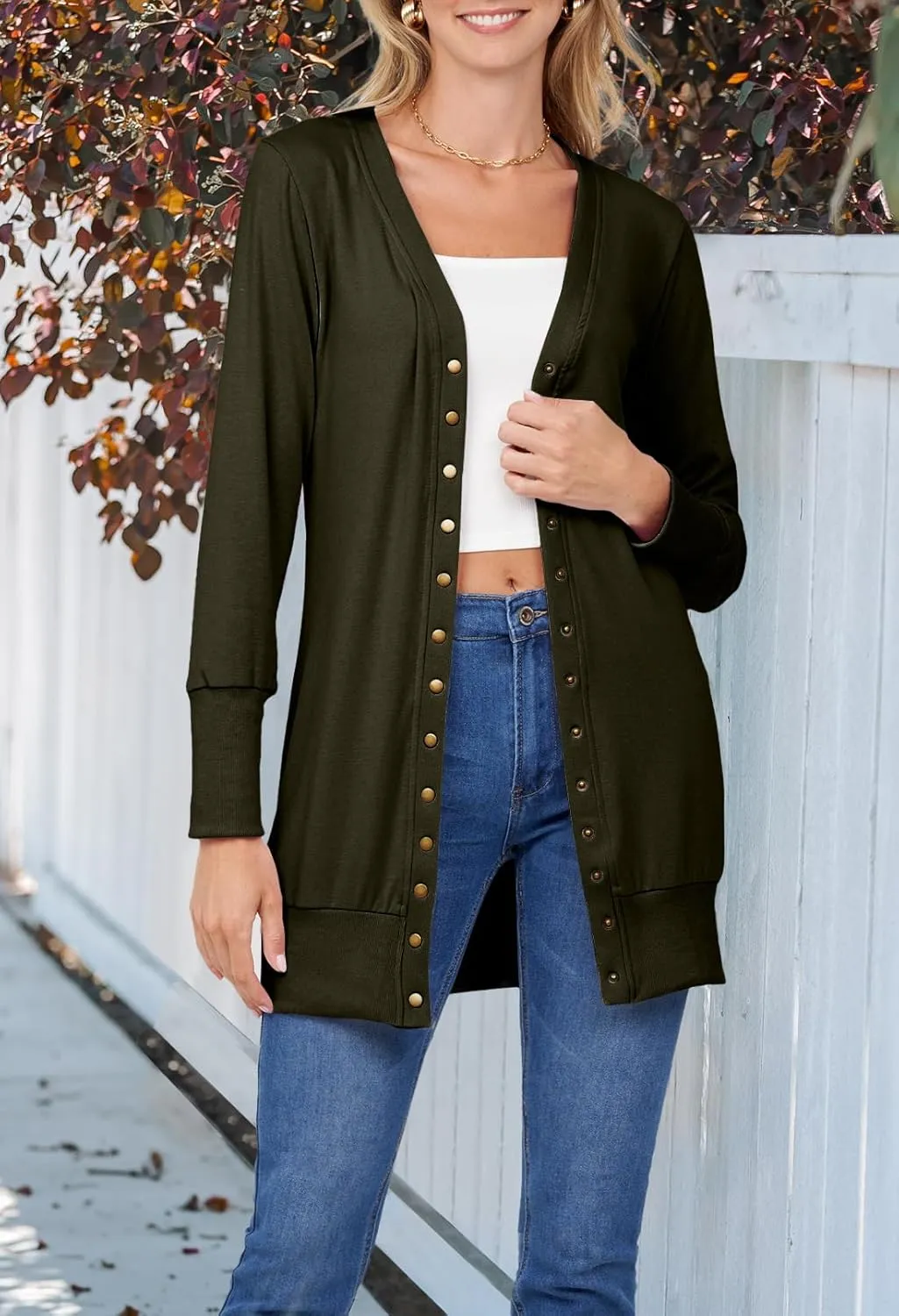 MEROKEETY Women's 2025 Fall Long Sleeve Snap Button Down Solid Color Knit Ribbed Neckline Cardigans
