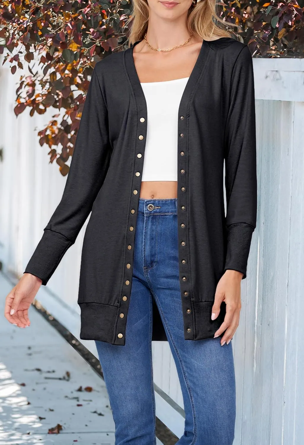 MEROKEETY Women's 2025 Fall Long Sleeve Snap Button Down Solid Color Knit Ribbed Neckline Cardigans