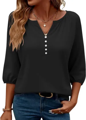 Micoson Womens 3/4 Sleeve Tops Dressy Casual V Neck Chiffon Work Blouses Loose Fit Business Button Down Shirts