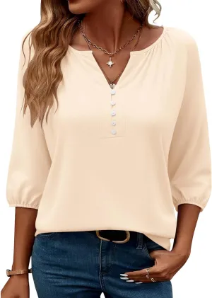 Micoson Womens 3/4 Sleeve Tops Dressy Casual V Neck Chiffon Work Blouses Loose Fit Business Button Down Shirts