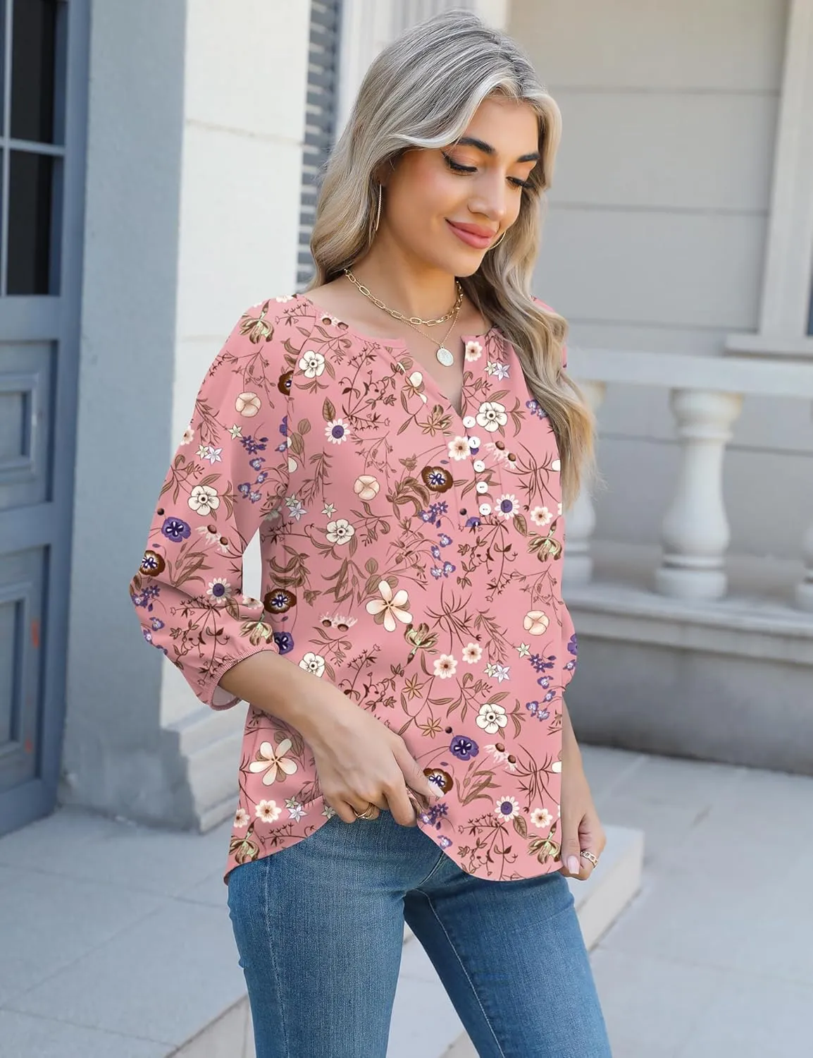 Micoson Womens 3/4 Sleeve Tops Dressy Casual V Neck Chiffon Work Blouses Loose Fit Business Button Down Shirts
