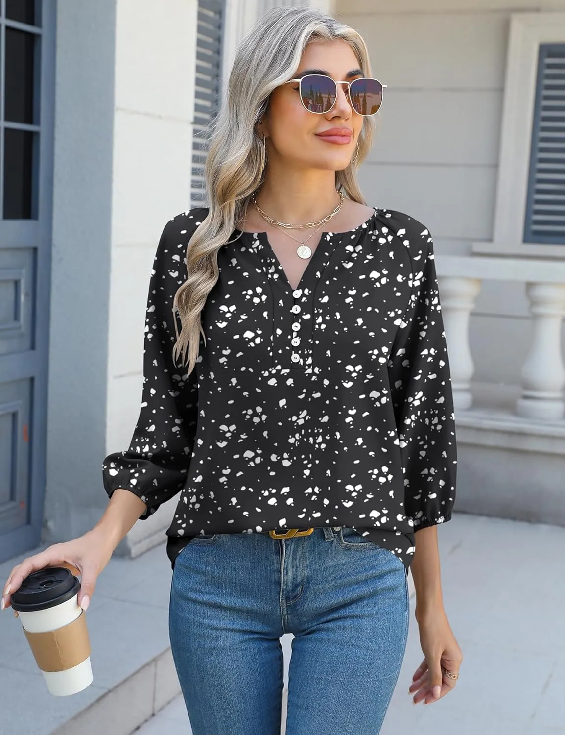 Micoson Womens 3/4 Sleeve Tops Dressy Casual V Neck Chiffon Work Blouses Loose Fit Business Button Down Shirts