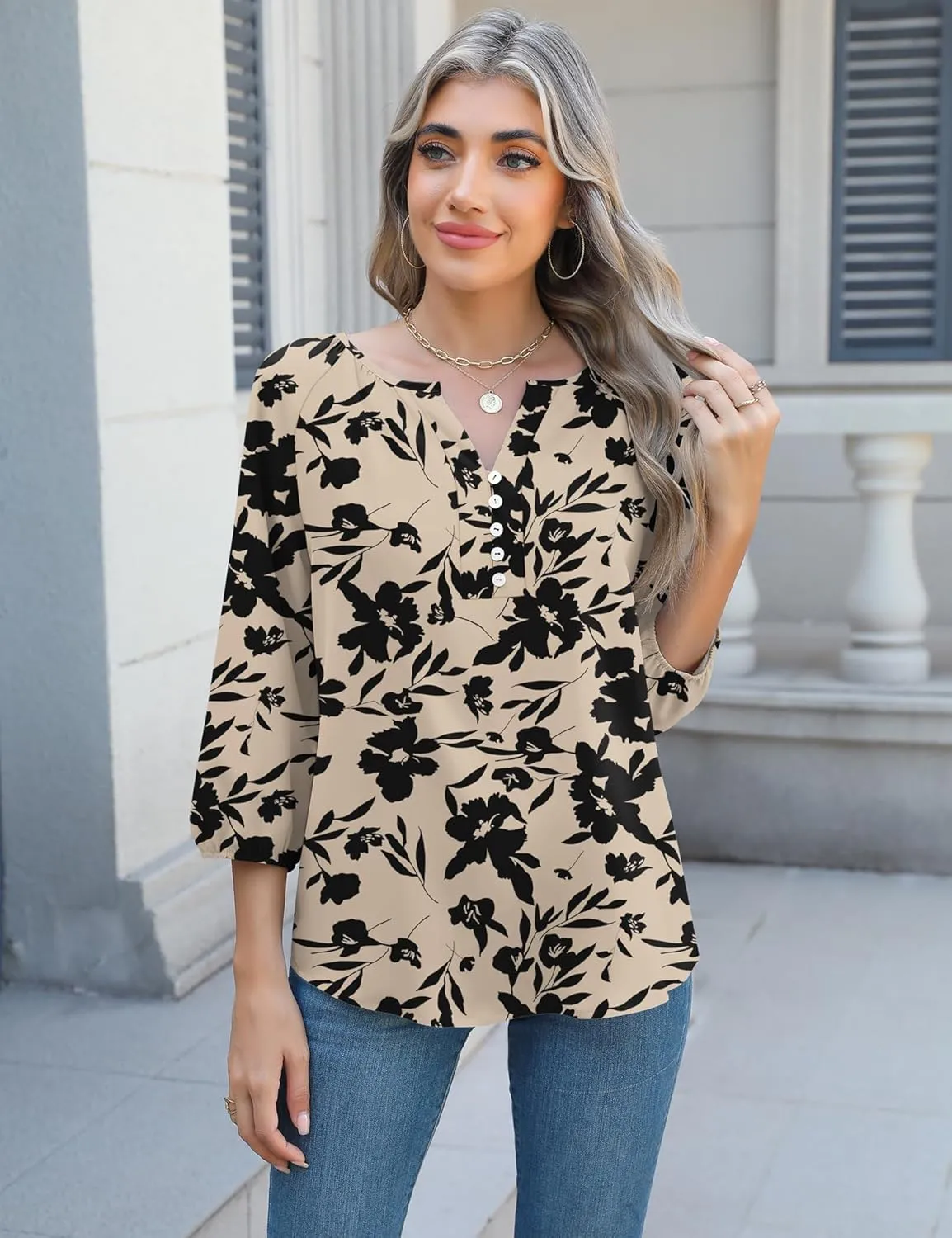 Micoson Womens 3/4 Sleeve Tops Dressy Casual V Neck Chiffon Work Blouses Loose Fit Business Button Down Shirts