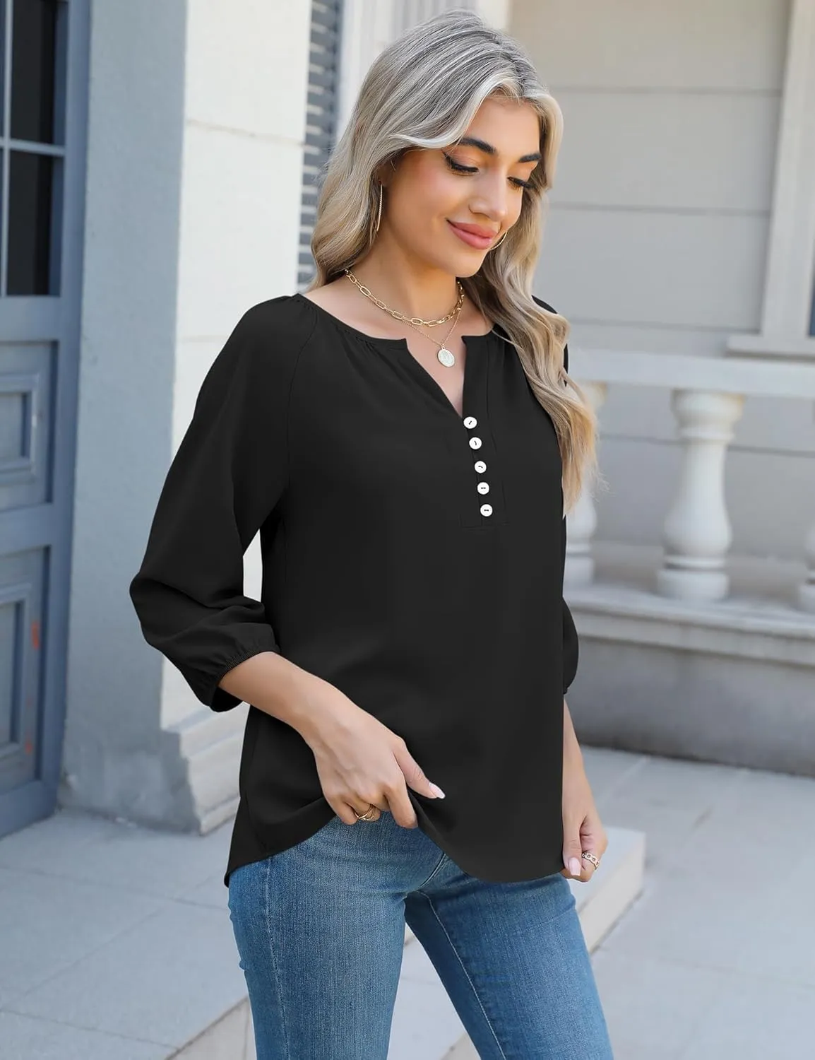 Micoson Womens 3/4 Sleeve Tops Dressy Casual V Neck Chiffon Work Blouses Loose Fit Business Button Down Shirts