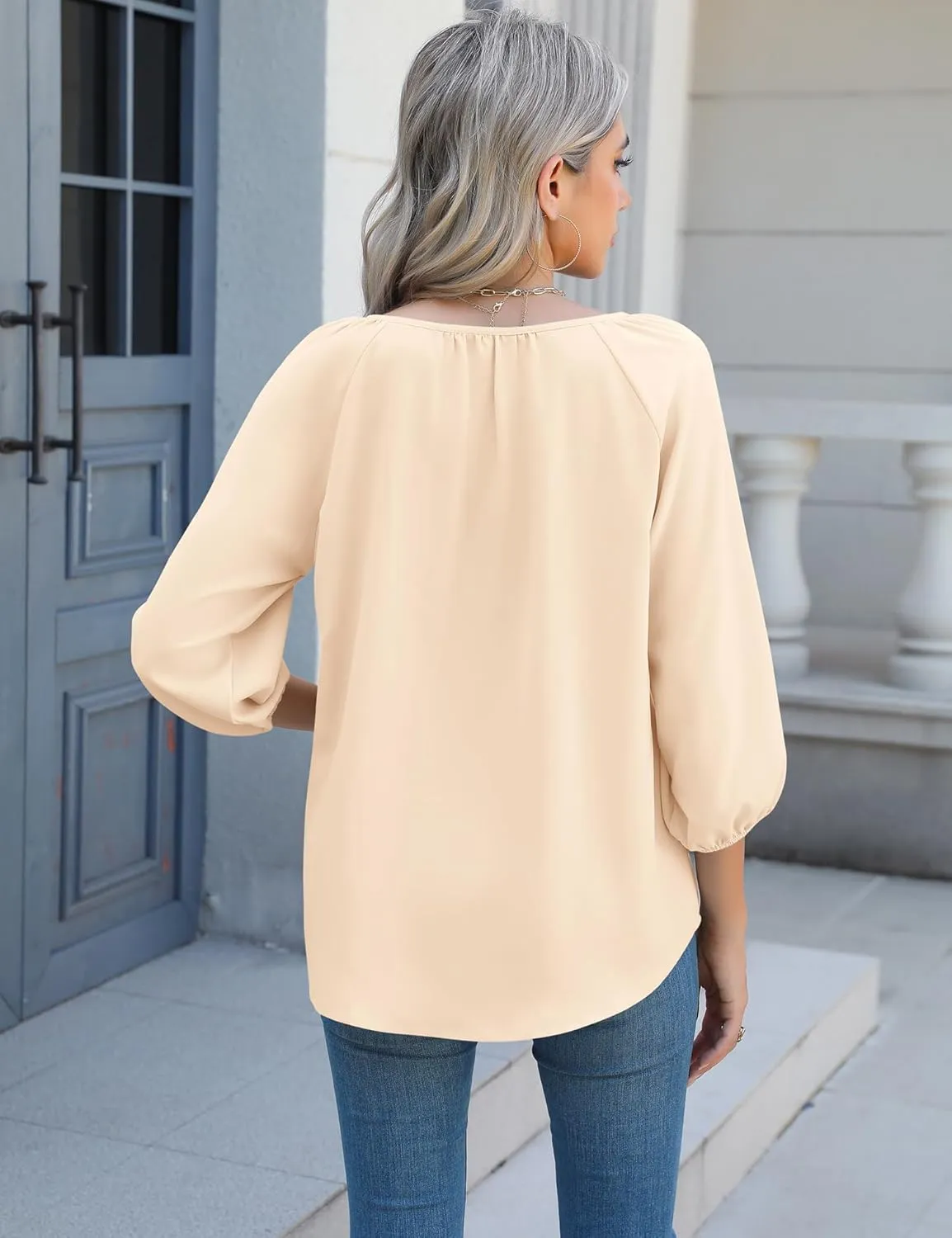 Micoson Womens 3/4 Sleeve Tops Dressy Casual V Neck Chiffon Work Blouses Loose Fit Business Button Down Shirts