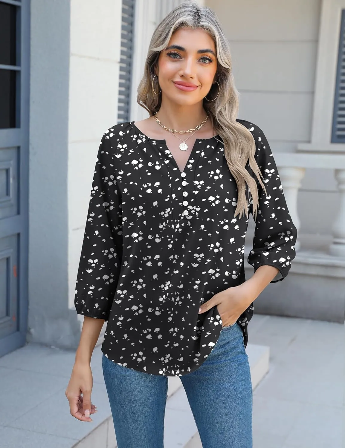 Micoson Womens 3/4 Sleeve Tops Dressy Casual V Neck Chiffon Work Blouses Loose Fit Business Button Down Shirts
