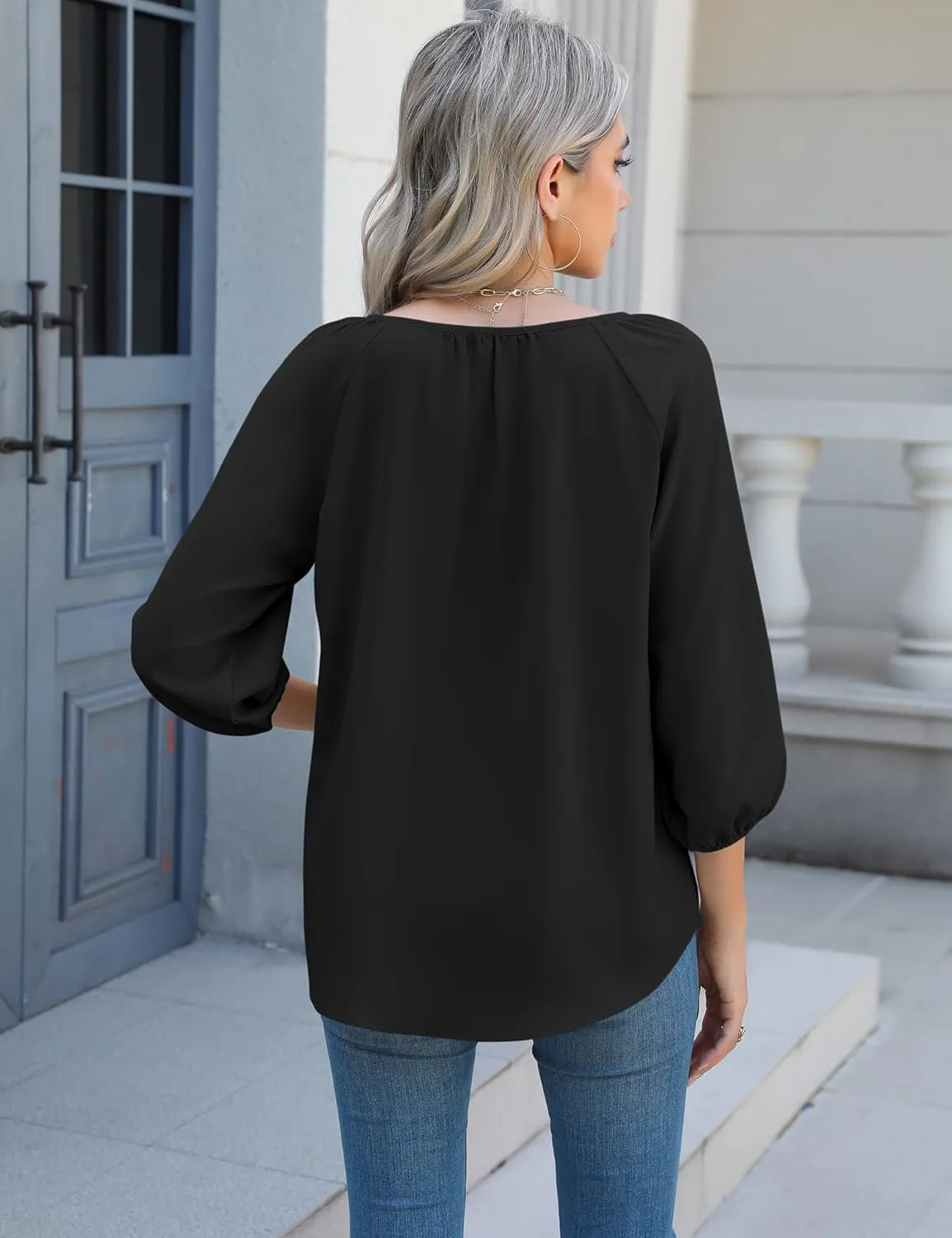 Micoson Womens 3/4 Sleeve Tops Dressy Casual V Neck Chiffon Work Blouses Loose Fit Business Button Down Shirts