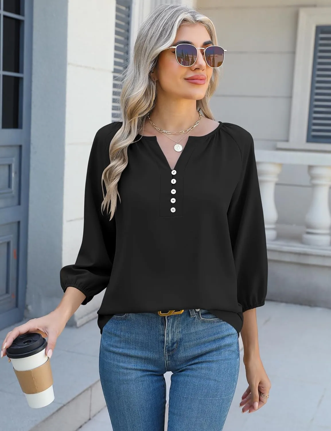 Micoson Womens 3/4 Sleeve Tops Dressy Casual V Neck Chiffon Work Blouses Loose Fit Business Button Down Shirts