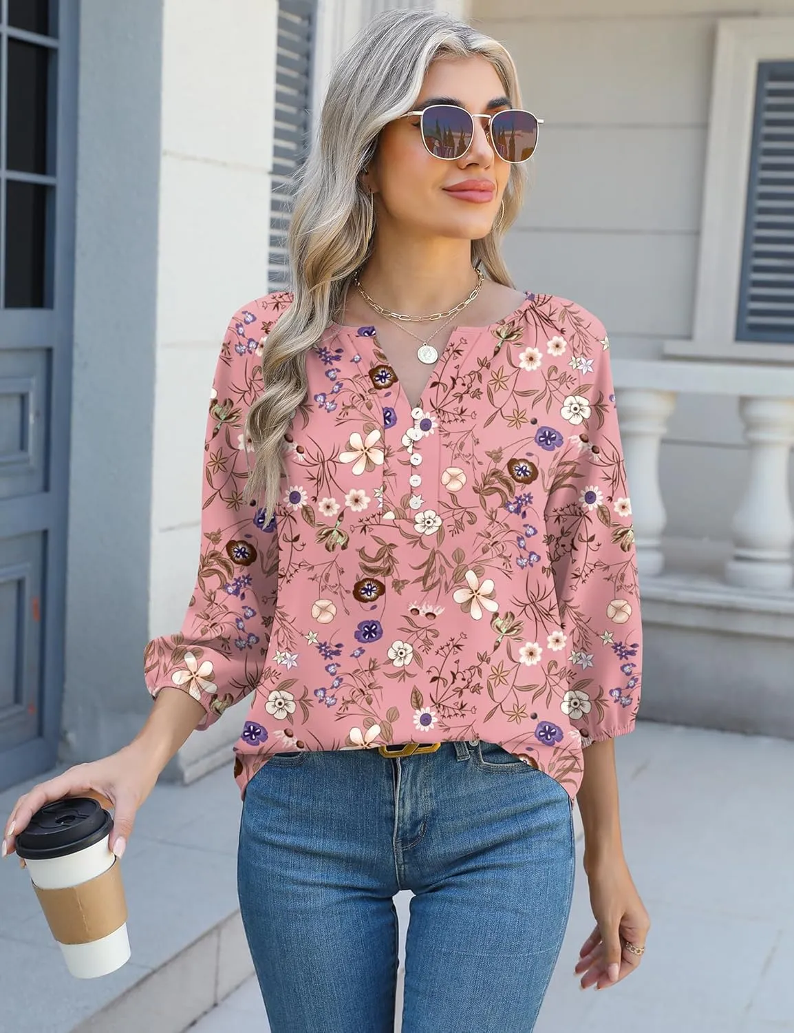 Micoson Womens 3/4 Sleeve Tops Dressy Casual V Neck Chiffon Work Blouses Loose Fit Business Button Down Shirts