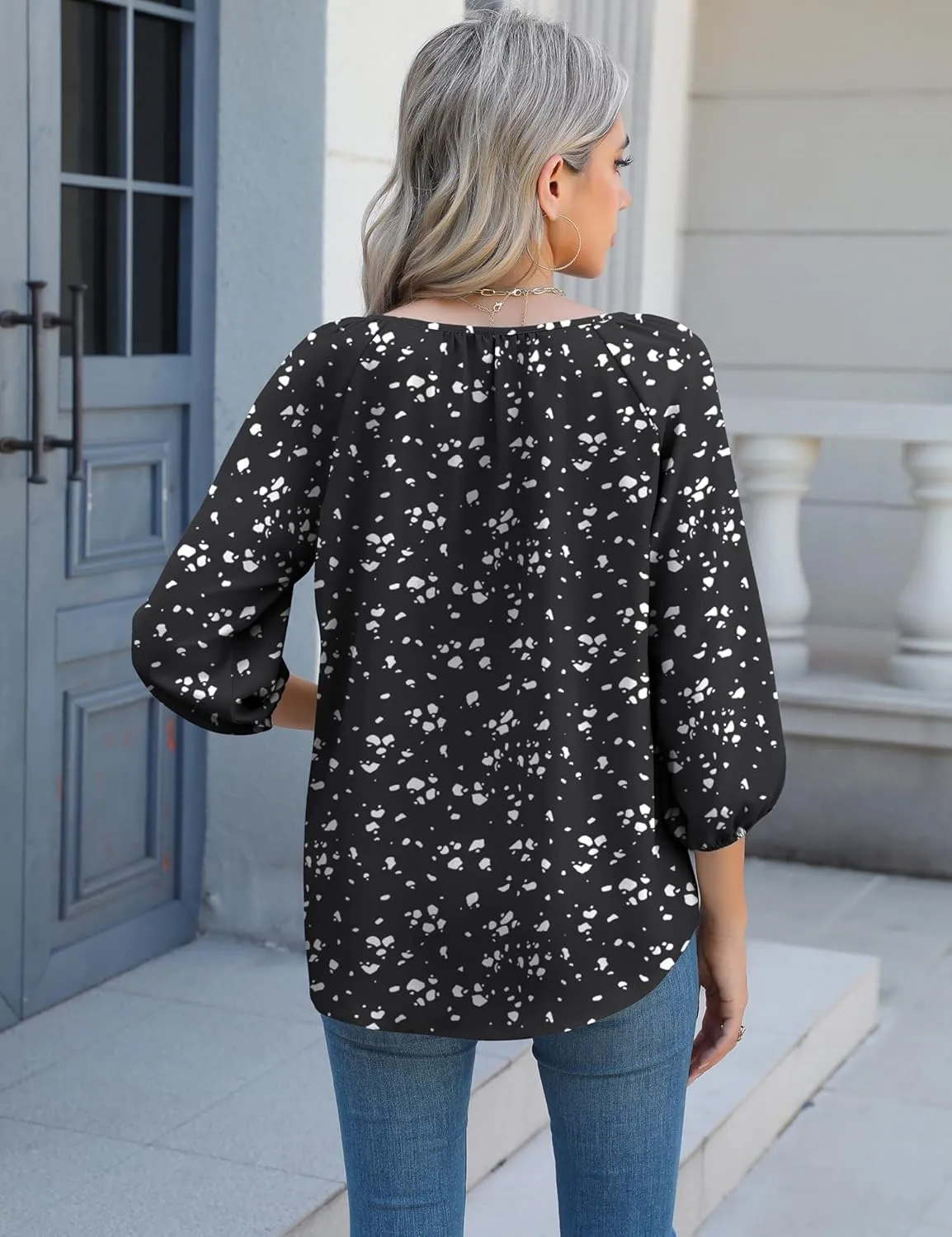 Micoson Womens 3/4 Sleeve Tops Dressy Casual V Neck Chiffon Work Blouses Loose Fit Business Button Down Shirts