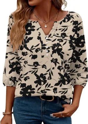 Micoson Womens 3/4 Sleeve Tops Dressy Casual V Neck Chiffon Work Blouses Loose Fit Business Button Down Shirts